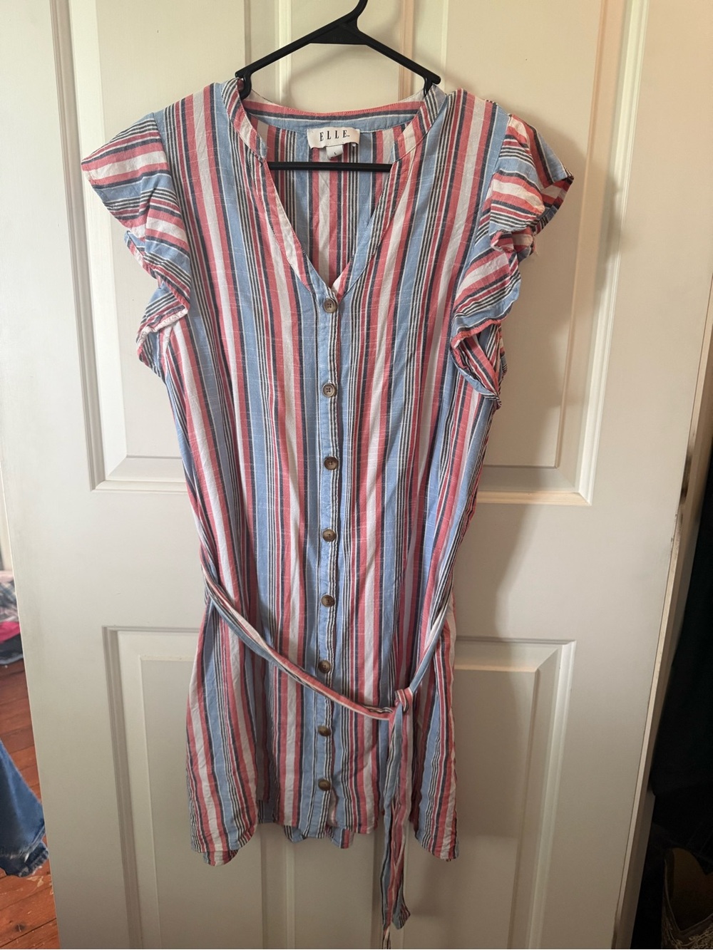 Elle Striped Button-Front Mini Dress in Blue and Pink